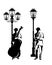 Saxophone and bass viol jazz man playing music standing by street light black and white vector outline set