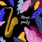 Saxophone and Bright tropical leaves with flowers on black background and text. Hand drawing flat doodles