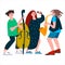 Saxophone, double bass and vocal trio performance. Jazz band vector illustration in flat style