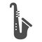 Saxophone glyph icon, musical and instrument, trumpet sign, vector graphics, a solid pattern on a white background.