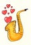 Saxophone with hearts.  14 February postcard  . Hand-drawn sketch on yellow textured paper