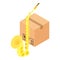 Saxophone icon isometric vector. Wind musical instrument near closed parcel box