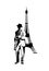 Saxophone jazz man playing music standing by eiffel tower black and white vector portrait