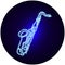 A saxophone in neon light against a brick wall