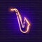 Saxophone neon sign. Music lesson Glowing icon. Music school symbol. Vector illustration for design. Musical instruments concept