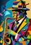 Saxophonist playing a saxophone in an abstract cubist style