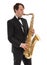 Saxophonist in a tuxedo plays music on sax.