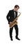 Saxophonist in a tuxedo plays music on sax.