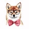 Say Cheese! This Smiling Shiba Inu Puppy with a Pastel Pink Headband and Glasses Watercolor AI Generated