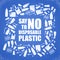 Say no to disposable plastic. Problem plastic pollution. Ecological poster. Banner composed of white plastic waste bag, bottle on
