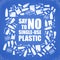 Say no to single-use plastic. Problem plastic pollution. Ecological poster. Banner composed of white plastic waste bag, bottle and