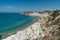 Scala dei Turchi,Sicily,Italy.Aerial view of white rocky cliffs,turquoise clear water.Sicilian seaside tourism,popular tourist