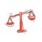 Scale balance icon in comic style. Justice cartoon vector illustration on white isolated background. Judgment splash effect