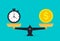 Scale balance of time is money. Value money comparison and time in flat style. Money and time balance on measure scale. Compare