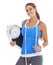 Scale, workout and woman in studio for fitness results, wellness and training with measure tape and portrait. Happy