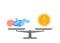 Scales in balance child and gold money icon. Baby and dollar coin sign in comparison, choise. Weights with kid and money