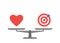 Scales in balance heart and achievement icon. Love and goal sign in comparison, choise. Weights with heart and target