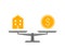 Scales in balance house and gold money icon. Building home and dollar coin sign in comparison, choise. Weights with