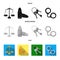 Scales of justice, cartridges, a bunch of keys, handcuffs.Prison set collection icons in black, flat, monochrome style