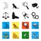 Scales of justice, cartridges, a bunch of keys, handcuffs.Prison set collection icons in black,flet style vector symbol