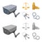 Scales of justice, cartridges, a bunch of keys, handcuffs.Prison set collection icons in cartoon,monochrome style vector