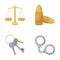 Scales of justice, cartridges, a bunch of keys, handcuffs.Prison set collection icons in cartoon style vector symbol