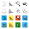 Scales of justice, cartridges, a bunch of keys, handcuffs.Prison set collection icons in monochrome,flat style vector