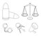 Scales of justice, cartridges, a bunch of keys, handcuffs.Prison set collection icons in outline style vector symbol