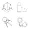 Scales of justice, cartridges, a bunch of keys, handcuffs.Prison set collection icons in outline style vector symbol