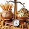 scales in one bowl wheat grains in another bowl gold coins isolated on a white background