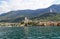 Scaligero Castle in mediterranean town of Malcesine on lake Garda with scenic Italian Alps in background, Lombardy, Northern Italy