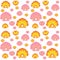 Scallop shells. Seamless vector pattern with golden and pink shells with pearls and without. Seamless pattern with scallops