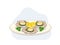 Scallops baked in a shell with cheese and pesto sauce. cartoon vector illustration