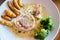 Scaloppina with rosemary with baked potatoes on complex background And broccoli