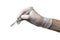 Scalpel in hand in glove on white background, isolated