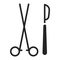 Scalpel and scissors black glyph icon. Surgeon cutting tools. Isolated vector element. Outline pictogram for web page, mobile app