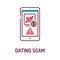 Scam dating on smartphone screen color line icon. Internet criminal, deception,fraud element. Sign for web page, mobile app. UI UX