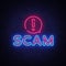 Scam Neon Signboard Vector. Scam neon sign, design template, modern trend design, night neon signboard, night bright