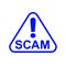 Scam triangle sign blue for icon isolated on white, scam warning sign graphic for spam email message and error virus, scam alert