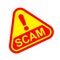 Scam triangle sign label red yellow isolated on white, scam warning sign graphic for spam email message and error virus, scam