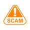 Scam triangle sign orange for icon isolated on white, scam warning sign graphic for spam email message and error virus, scam alert