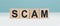 Scam - word concept from wooden blocks on blue background