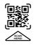 Scan here icon. QR code template. Fake example of quick responce matrix barcode in square grid. Mobile phone camera