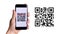 Scan pay. Hand holding mobile smartphone screen for payment pay, scan barcode technology with qr code scanner on digital