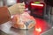 scan slices of salmon steak in a transparent bag at a self-service checkout. Purchase