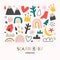 Scandi baby collection, scandinavian abstract shapes set, doodle hand drawn illustrations of rainbow, mountain, isolated