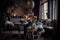 scandi-boho dining room, with moody lighting and eclectic decor