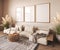 Scandi interior design with beige sofa,wooden boho table and carpet in modern coastal living room. Frame wall mock up