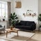 Scandic cozy interiors Comfy furnished living room and bedroom in hygge style with armchair plants and cat Modern stay home po