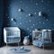 Scandinavian Baby Boy room, Blue color Wall, Stars And Decoration, Wooden Cradle, Toys, Parquet Floor, Soft Light Generative Ai